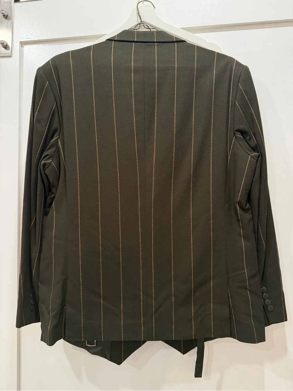 Stacy Adams 3 Pc Suit Dark Green Gold Pinstripe Blazer Vest Pants 44R 38R